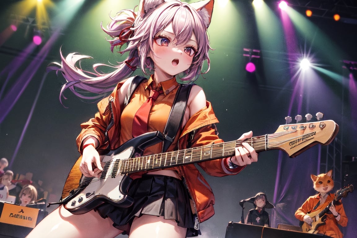 solo,closeup face,animal girl,colorful aura,colorful hair,animal head,red tie,colorful  jacket,colorful short skirt,orange shirt,colorful sneakers,wearing a colorful  watch,singing in front of microphone,play electric guitar,animals background,fireflies,shining point,concert,colorful stage lighting,no people