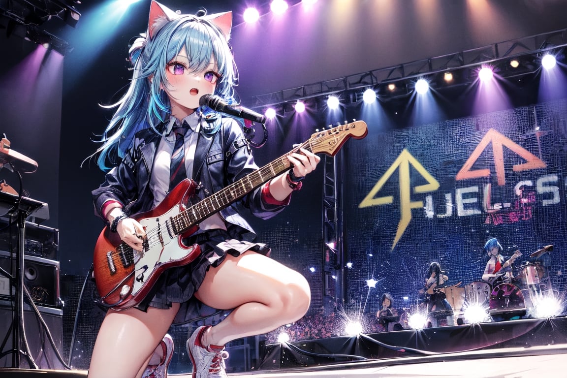 solo,closeup face,cat girl,cat tail,colorful aura,blue hair,long hair,colorful tie,colorful jacket,colorful short skirt,colorful shirt,colorful sneakers,wearing a colorful  watch,singing in front of microphone,play electric guitar,animals background,fireflies,shining point,concert,colorful stage lighting,no people