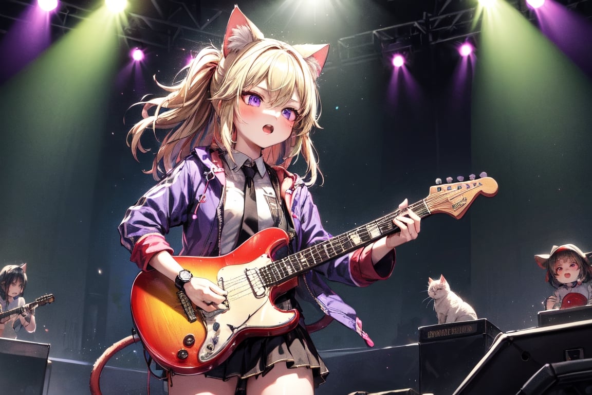 solo,closeup face,cat girl,cat tail,colorful aura,golden hair,long hair,double tail,colorful tie,colorful jacket,colorful short skirt,colorful shirt,colorful sneakers,wearing a colorful  watch,singing in front of microphone,play electric guitar,animals background,fireflies,shining point,concert,colorful stage lighting,no people