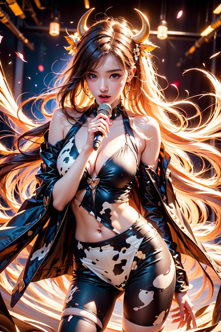 solo,cow girl,closeup face,cow head,play electric guitar,singing in front of microphone,
cow wings,hungry pose,milk pantyhose,cow jacket,cow shirt,zebra  shorts,cow underwear,milk aura,5_figner,shining point,concert,colorful stage lighting,milk background,no people,milk stage
