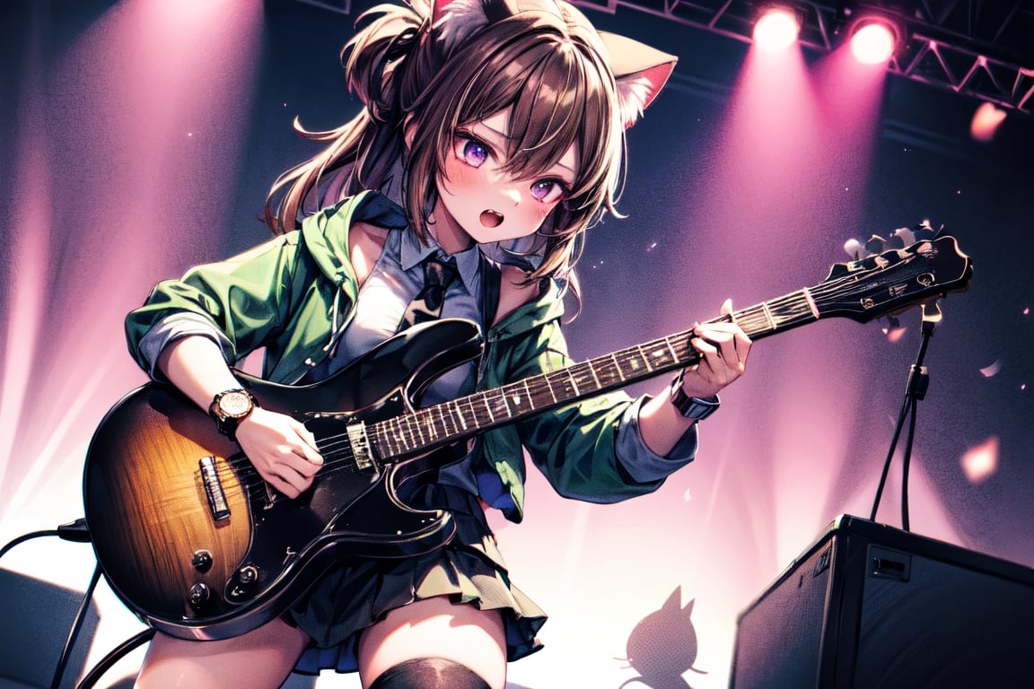 solo,closeup face,cat girl,cat tail,colorful aura,brown hair,long hair,colorful tie,green jacket,colorful short skirt,colorful shirt,colorful sneakers,wearing a colorful watch,singing in front of microphone,play electric guitar,animals background,fireflies,shining point,concert,colorful stage lighting,no people