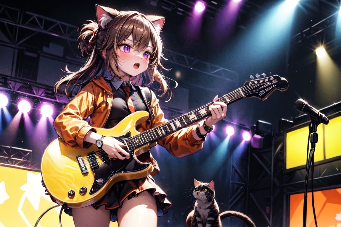 solo,closeup face,cat girl,cat tail,colorful aura,brown hair,long hair,colorful tie,orange jacket,colorful short skirt,colorful shirt,colorful sneakers,wearing a colorful watch,singing in front of microphone,play electric guitar,animals background,fireflies,shining point,concert,colorful stage lighting,no people