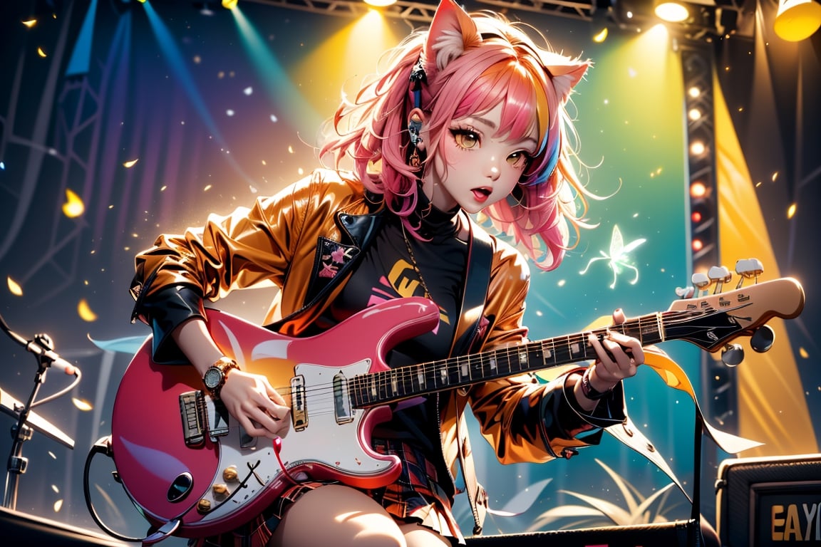 solo,closeup face,cat girl,colorful aura,pink hair,animal head,red tie,colorful  jacket,colorful short skirt,orange shirt,colorful sneakers,wearing a colorful  watch,singing in front of microphone,play electric guitar,animals background,fireflies,shining point,concert,colorful stage lighting,no people