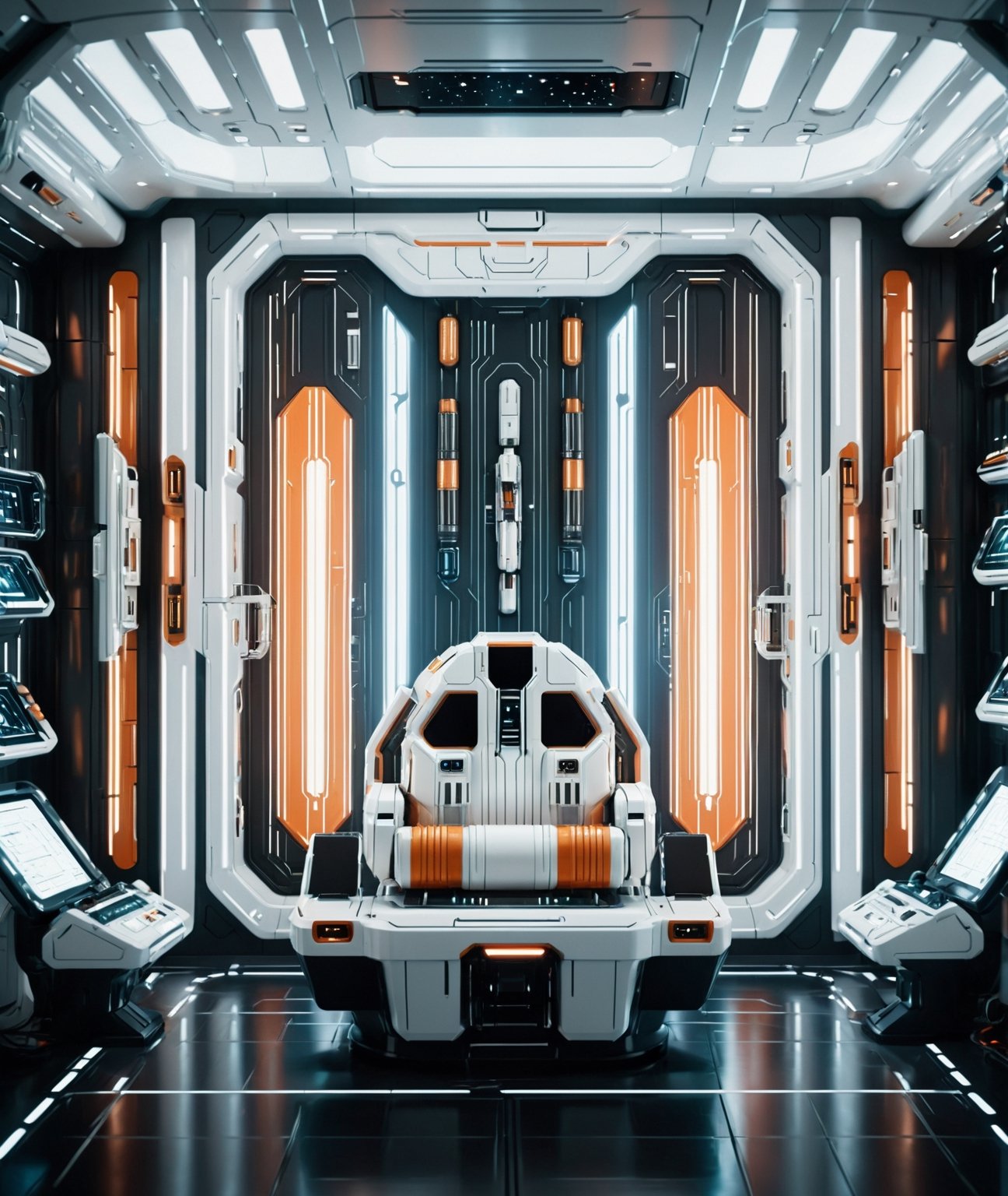 Retrograde background, interior of spacecraft, dark white and orange, realistic color scheme, skincare laboratory, vibrant illustrations, rendered in movie 4D style, illuminated in white, Art Deco style, linear form, full of light, bright image
