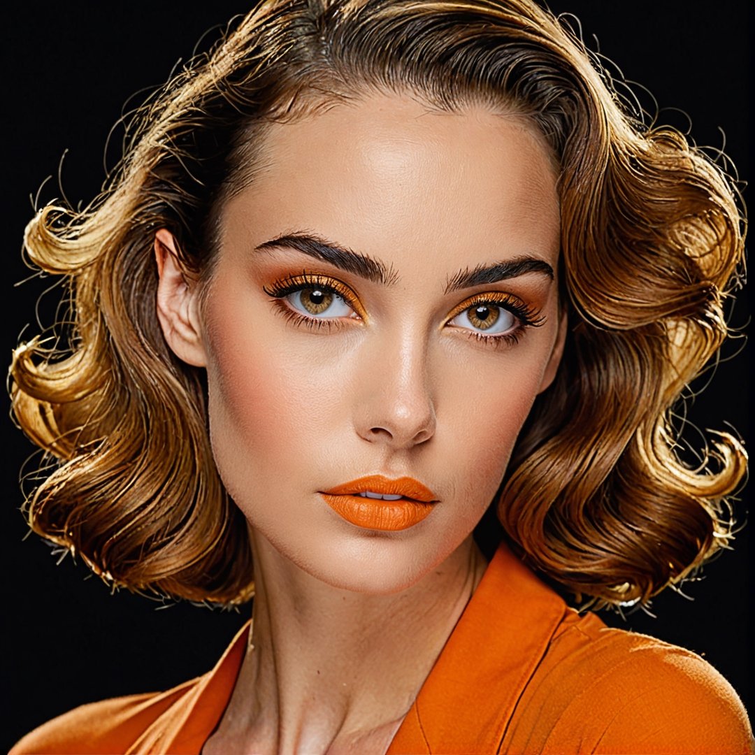 Full realistic photo of a stylish young woman with large, captivating eyes, thick eyebrows, a strong jawline, high cheekbones, and a natural complexion. Her hair is in loose waves. slim boned, long limbed, lithe and with very little body fat and little muscle .Highlighting her as a modern
(((iconic 50s age style but extremely beautiful)))
((( orange liquid, pea yellow dark, Mármol white)))
(((in darkness)))
(((gold liquid background)))
(((intricate details, masterpiece, best quality,photorealistic)))(((dynamic pose, looking at viewer,profile view, full body view)))((by Diane Arbus))), 
