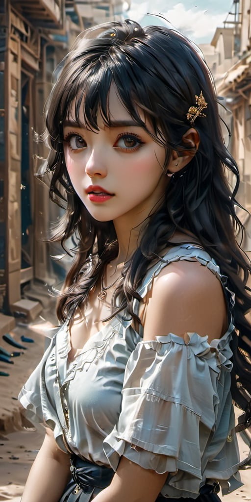 cute korean large-eyed girl, bangs, 
sitting, beautiful anime adventurer girl wearing gold jewelry in the streets of a city in the Western Sahara, fluid motion, stunning shading, 
masterpiece, croquis, fairytale oil painting, dark atmosphere rough texture, dark details, beauty legs, black eyes, highly details, best Quality, cinematic quality, Tyndall effect, good composition, volume lighting, Film light, dynamic lighting, cinematic lighting, 
,               ,