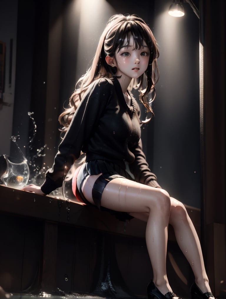 a cute korean girl large-eyed girl, bangs, long wavy hair, sitting on flow,  
sweat, wet body, perfect and detailed eyes, sweating, wet, (miniskirt:1.3), short miniskirt, leg raise up, leg spreads, high heels,
octane rendering, ray tracing, 3d rendering, masterpiece, best Quality, Tyndall effect, good composition, highly details, warm soft light, three-dimensional lighting, volume lighting, Film light