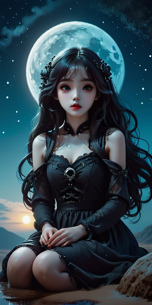 cute korean large-eyed girl, sitting, 
romantic dark fantasy novel illustration of a Gothic ghost girl stands under the stars and moon, anatomically correct hands, perfect hands, perfect faces, dreamy, candy clouds, 
masterpiece, highly details, best Quality, Tyndall effect, good composition, volume lighting, Film light, dynamic lighting, cinematic lighting, 
,               , 