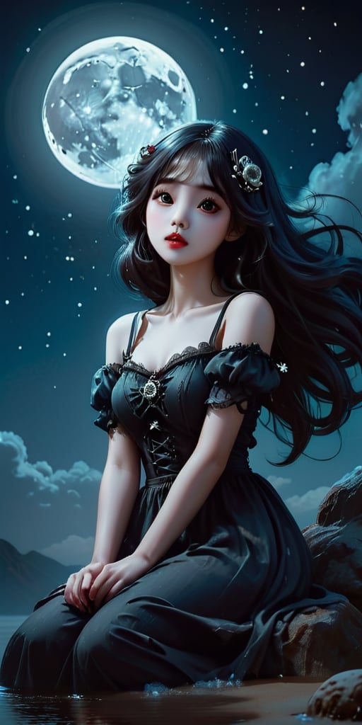 cute korean large-eyed girl, sitting, 
romantic dark fantasy novel illustration of a Gothic ghost girl stands under the stars and moon, anatomically correct hands, perfect hands, perfect faces, dreamy, candy clouds, 
masterpiece, highly details, best Quality, Tyndall effect, good composition, volume lighting, Film light, dynamic lighting, cinematic lighting, 
,               , 