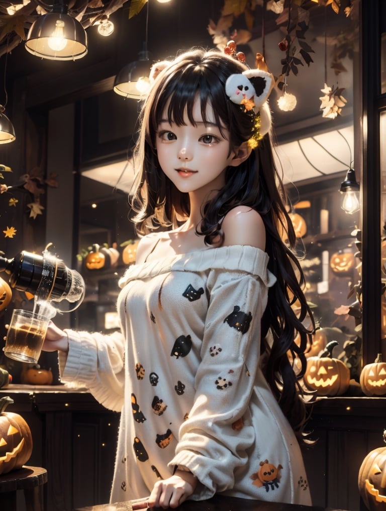 a cute korean girl large-eyed girl, bangs, long wavy hair, off shoulder, 
Halloween party in a cafe, dressed in cute animal onesies, surrounded by autumn-themed decorations. Vibrant cafe lighting enhances the cozy, festive atmosphere, 
octane rendering, ray tracing, 3d rendering, masterpiece, best Quality, Tyndall effect, good composition, highly details, warm soft light, three-dimensional lighting, volume lighting, Film light