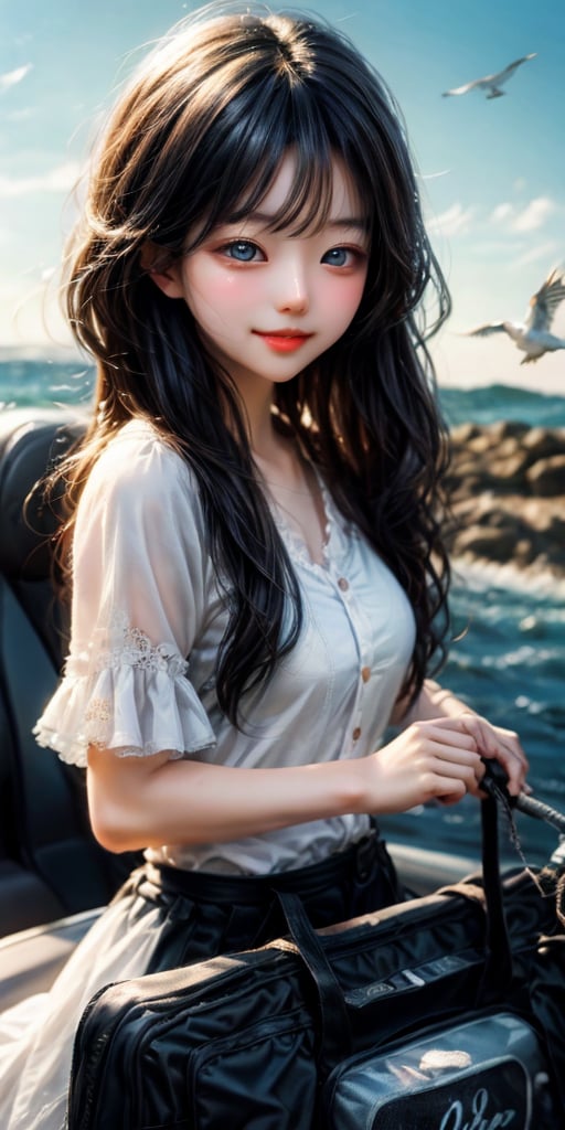 cute korean large-eyed girl,
motor vehicle, ground vehicle, car, vehicle focus, ice cream, bird, brown hair, seagull, food, ice cream cone, cloud, , blue eyes, open mouth, outdoors, smile, shirt, sky, driving, holding, holding food, short hair, dress, blue sky, ocean, blue shirt, 
masterpiece, highly details, best Quality, Tyndall effect, good composition, free composition, spatial effects, lively and deep art, warm soft light, three-dimensional lighting, volume lighting, back lighting hair, Film light, dynamic lighting,

