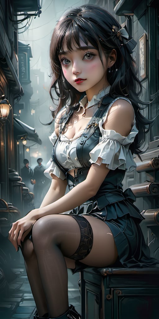 cute korean large-eyed girl, bangs,
sitting, girl in the streets of a city in the Western steampunk, 
masterpiece, croquis, fairytale oil painting, dark atmosphere rough texture, dark details, beauty leg focus, black eyes, incredible quality, highly details, best Quality, cinematic quality, Tyndall effect, good composition, volume lighting, Film light, dynamic lighting, cinematic lighting, 