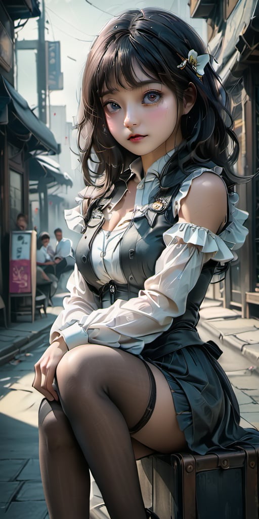 cute korean large-eyed girl, bangs,
sitting, girl in the streets of a city in the Western steampunk, 
masterpiece, croquis, fairytale oil painting, dark atmosphere rough texture, dark details, beauty leg focus, black eyes, incredible quality, highly details, best Quality, cinematic quality, Tyndall effect, good composition, volume lighting, Film light, dynamic lighting, cinematic lighting, 