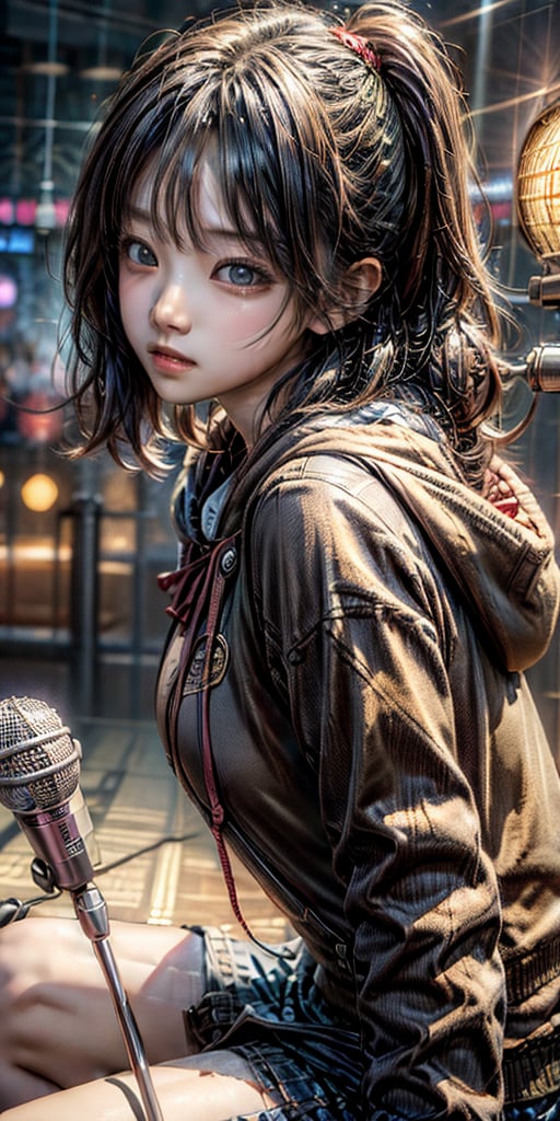 cute korean large-eyed girl, steampunk style, 
dynamic angle, mic, indoors, from side,  (karaoke:1.4), karaoke room, sofa, sitting, amazinig, great, action shot, hoodie jacket, school uniform, hair between eyes, hairpin, 
masterpiece, best Quality, Tyndall effect, good composition, highly details, warm soft light, three-dimensional lighting, volume lighting, Film lighting, cinematic lighting,davincitech