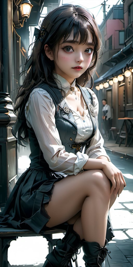 cute korean large-eyed girl, bangs,
sitting, girl in the streets of a city in the Western steampunk, 
masterpiece, croquis, fairytale oil painting, dark atmosphere rough texture, dark details, beauty leg focus, black eyes, incredible quality, highly details, best Quality, cinematic quality, Tyndall effect, good composition, volume lighting, Film light, dynamic lighting, cinematic lighting, 