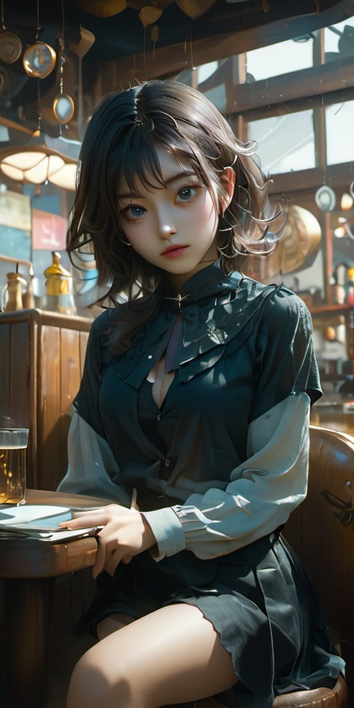 cute korean large-eyed girl, bangs,
raise both arms to sky, steampunk world, 
sitting on chair, wooden restaurant with round-shaped windows, a fluid ceiling, and organically shaped fabric furniture, 
masterpiece, croquis, fairytale oil painting, dark atmosphere rough texture, dark details, beauty legs, black eyes, highly details, best Quality, cinematic quality, Tyndall effect, good composition, volume lighting, Film light, dynamic lighting, cinematic lighting, 
,               ,