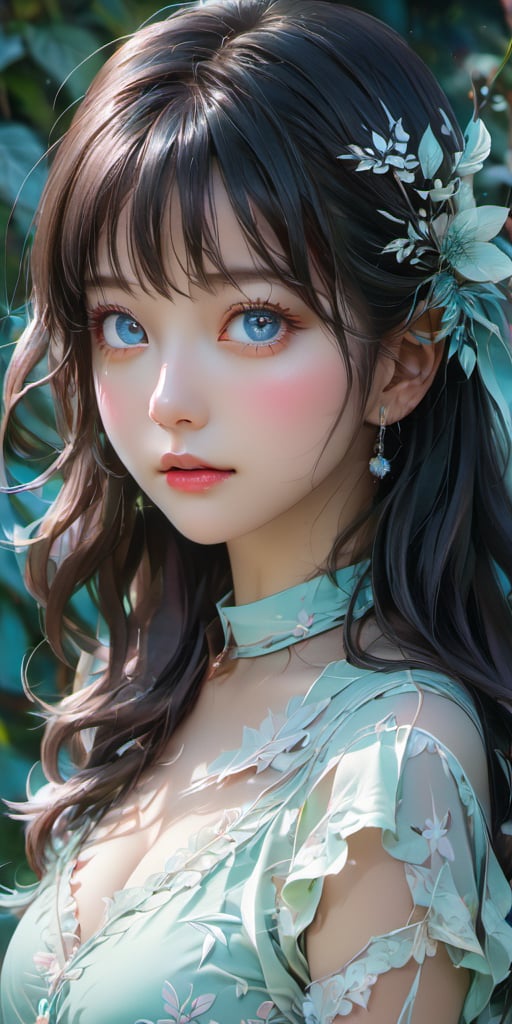 cute korean large-eyed girl, bangs, Neon signs, detailed line art, fine details, full background, manga, cell shading, pastel colors, Nana Komatsu face, anime, woman, full figure, full body, neon colors, bright colors, vibrant colors, pastel colors, plants, plants everywhere, leaves everywhere, indoor plants, 
masterpiece, croquis, fairytale oil painting, dark atmosphere rough texture, dark details, beauty legs, black eyes, highly details, best Quality, cinematic quality, Tyndall effect, good composition, volume lighting, Film light, dynamic lighting, cinematic lighting, 
,               ,