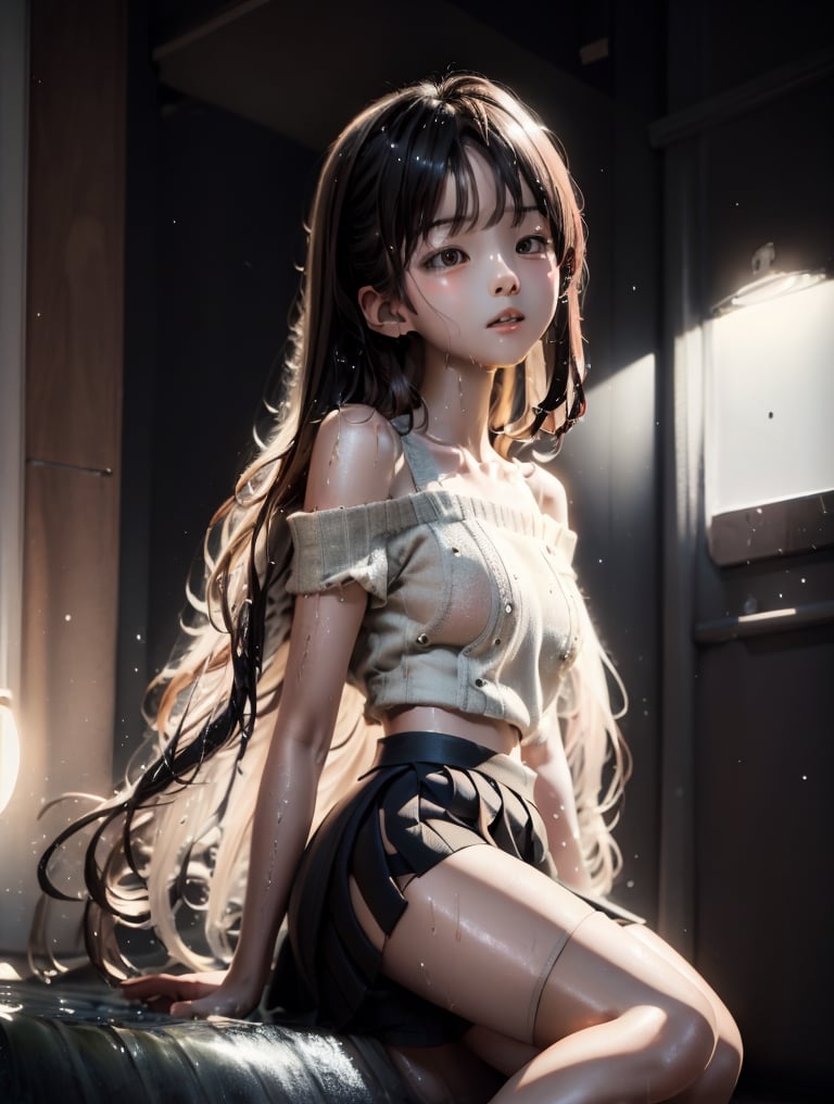 a cute korean girl large-eyed girl, bangs, long wavy hair, off shoulder, sitting on flow,  
sweat, wet body, perfect and detailed eyes, sweating, wet, (miniskirt:1.3), short miniskirt, leg raise up, leg spreads, high heels,
octane rendering, ray tracing, 3d rendering, masterpiece, best Quality, Tyndall effect, good composition, highly details, warm soft light, three-dimensional lighting, volume lighting, Film light