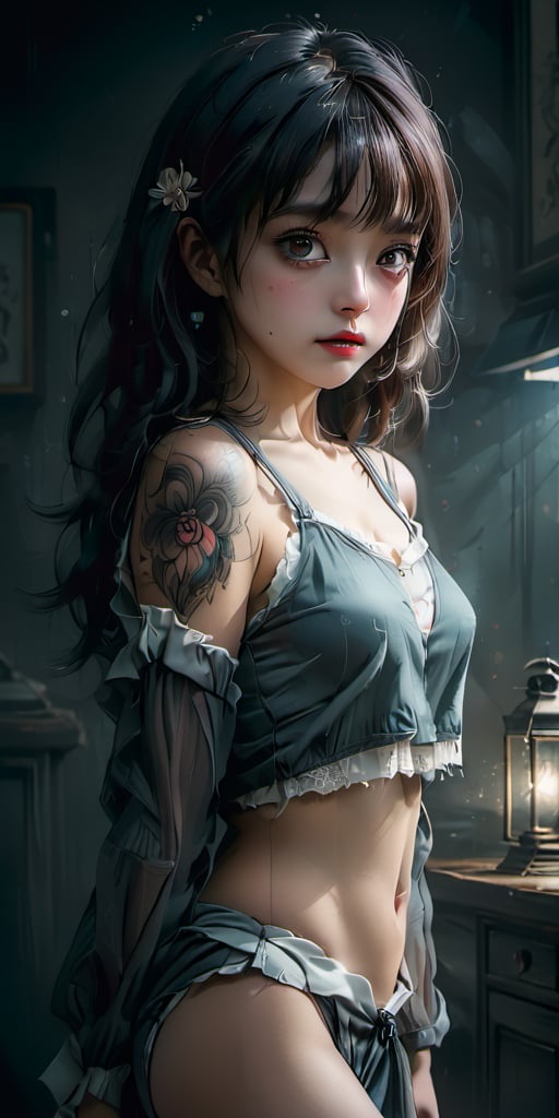 cute korean large-eyed girl, bangs,
tattoo style image feeling of hate, 
masterpiece, croquis, fairytale oil painting, dark atmosphere rough texture, dark details, beauty leg focus, black eyes, incredible quality, highly details, best Quality, cinematic quality, Tyndall effect, good composition, volume lighting, Film light, dynamic lighting, cinematic lighting, 