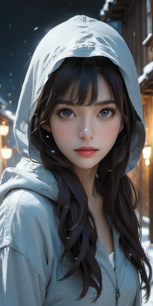 cute korean large-eyed girl, bangs, 
top vew of a mage man walking in a cobbeled street of a medieval village covered of snow during the night. He wearing a hooded coat, 
masterpiece, croquis, fairytale oil painting, dark atmosphere rough texture, dark details, beauty legs, black eyes, highly details, best Quality, cinematic quality, Tyndall effect, good composition, volume lighting, Film light, dynamic lighting, cinematic lighting, 
,               ,