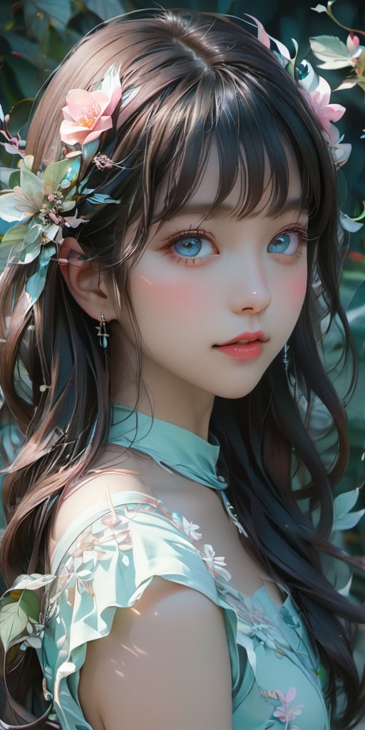 cute korean large-eyed girl, bangs,
Neon signs, detailed line art, fine details, full background, manga, cell shading, pastel colors, full figure, full body, neon colors, bright colors, pastel colors, plants, demon everywhere, leaves everywhere, indoor plants, 
masterpiece, croquis, fairytale oil painting, dark atmosphere rough texture, dark details, beauty legs, black eyes, highly details, best Quality, cinematic quality, Tyndall effect, good composition, volume lighting, Film light, dynamic lighting, cinematic lighting, 
,               ,