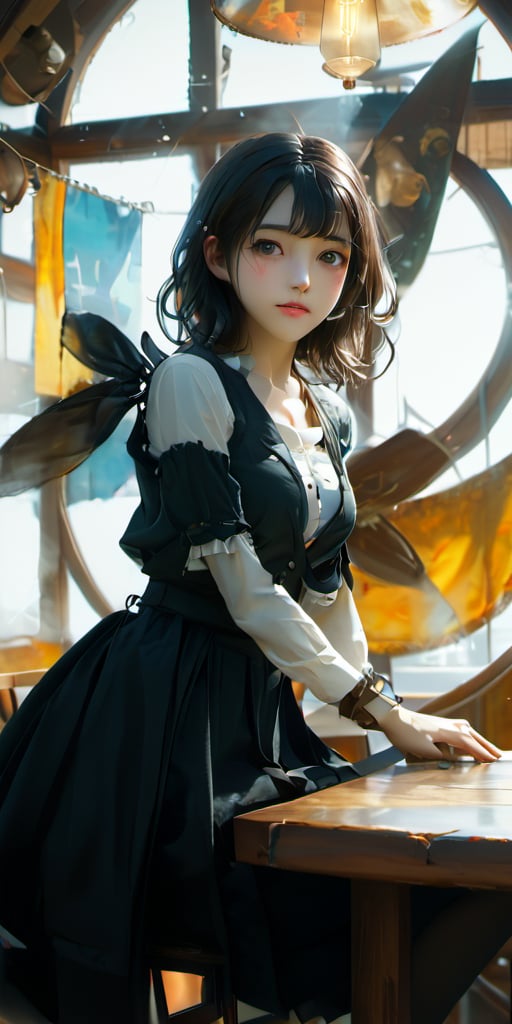 cute korean large-eyed girl, bangs,
from above, 
raise both arms to sky, steampunk world, slight smile, 
sitting on chair, wooden restaurant with round-shaped windows, a fluid ceiling, and organically shaped fabric furniture, 
masterpiece, croquis, fairytale oil painting, dark atmosphere rough texture, dark details, beauty legs, black eyes, highly details, best Quality, cinematic quality, Tyndall effect, good composition, volume lighting, Film light, dynamic lighting, cinematic lighting, 
,               ,