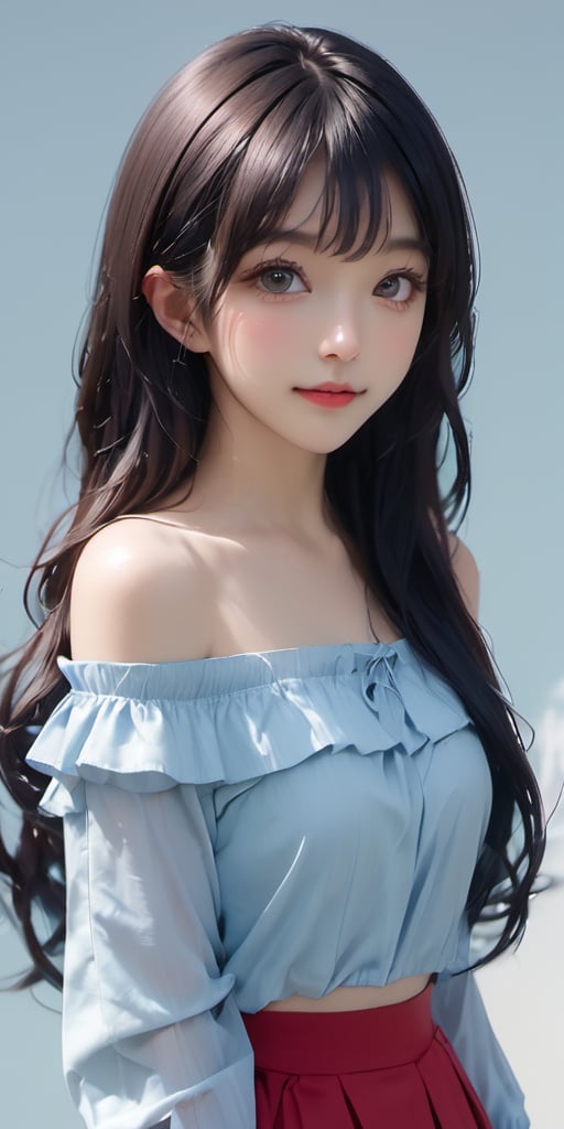 cute korean large-eyed girl, bangs, Dark-blue hair, absurdly long hair, long side_ponytail, (casual clothing, skirt, off shoulder, sleeves past fingers, long sleeves, sleeves past wrists:1.4), (beatiful, young, cute, loli:1.4), (daily background:1.3), (pale skin:1.2),  
masterpiece, highly details, best Quality, Tyndall effect, good composition, volume lighting, Film light, dynamic lighting, cinematic lighting, 
,               ,