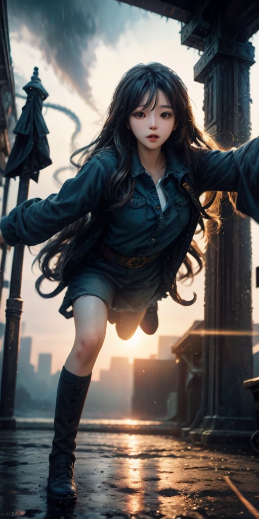 cute korean large-eyed girl, 
falling, midair, multi-colored hair, long straight hair, floating_hair, multi-colour eyes, tear, casual dress, outstretched_arms, reaching, cowboy shot, city, focus on face, Mauve cityscape, Overdetailed art, beautiful, hardcore, from_above,   
masterpiece, best Quality, Tyndall effect, good composition, highly details, warm soft light, three-dimensional lighting, volume lighting, Film lighting, cinematic lighting, 
,      ,