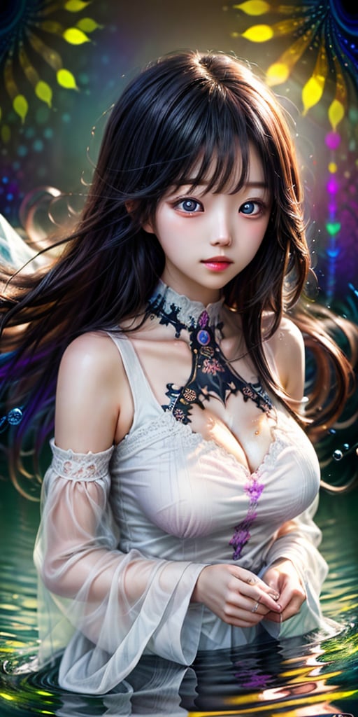 cute korean large-eyed girl, slender face, bangs, black eyes, 
psychedelic art:1.0, (colorful:1.3), original, extremely detailed wallpaper, looking at viewer,(1girl:1.2),extreme detailed,(fractal art:1.3),colorful,highest detailed,solo,(floating colorful water:1.2), 
masterpiece, best Quality, Tyndall effect, good composition, highly details, warm soft light, three-dimensional lighting, volume lighting, Film lighting, cinematic lighting,