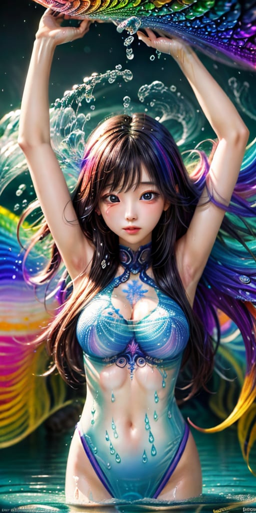 cute korean large-eyed girl, slender face, bangs, black eyes, arms up to the hair, 
psychedelic art:1.0, (colorful:1.3), original, extremely detailed wallpaper, looking at viewer,(1girl:1.2),extreme detailed,(fractal art:1.3),colorful,highest detailed,solo,(floating colorful water:1.2), 
masterpiece, best Quality, Tyndall effect, good composition, highly details, warm soft light, three-dimensional lighting, volume lighting, Film lighting, cinematic lighting,