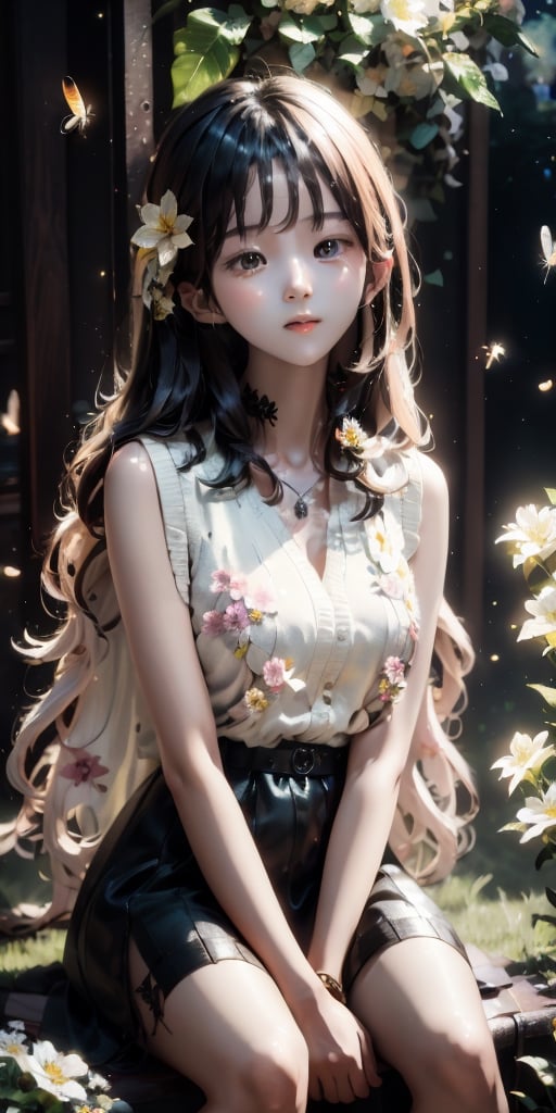 a cute korean girl large-eyed girl, bangs, long wavy hair, sitting on cloud, 
Kidney with flowers in a fantasy world,
octane rendering, ray tracing, 3d rendering, masterpiece, best Quality, Tyndall effect, good composition, highly details, warm soft light, three-dimensional lighting, volume lighting, Film light,firefliesfireflies