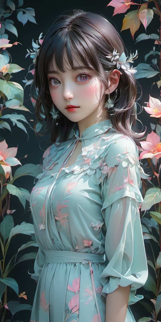 cute korean large-eyed girl, bangs,
Neon signs, detailed line art, fine details, full background, manga, cell shading, pastel colors, full figure, full body, neon colors, bright colors, pastel colors, plants, demon everywhere, leaves everywhere, indoor plants, 
masterpiece, croquis, fairytale oil painting, dark atmosphere rough texture, dark details, beauty legs, black eyes, highly details, best Quality, cinematic quality, Tyndall effect, good composition, volume lighting, Film light, dynamic lighting, cinematic lighting, 
,               ,