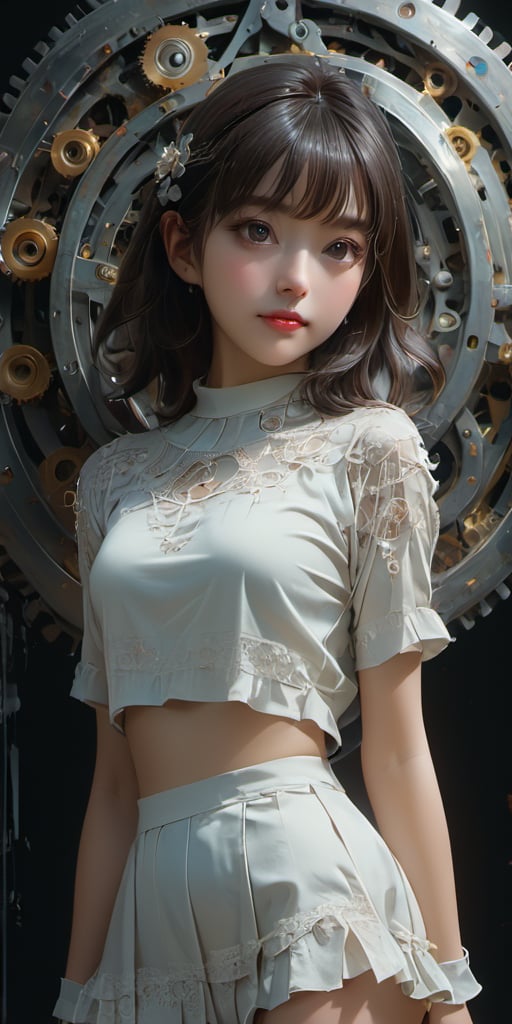 cute korean large-eyed girl, bangs, 
glowing brain center stage, surrounded by intricate moving gears, interconnected mechanisms, 
masterpiece, croquis, fairytale oil painting, beauty legs, dark atmosphere rough texture, highly details, best Quality, Tyndall effect, good composition, volume lighting, Film light, dynamic lighting, cinematic lighting, 
,               ,