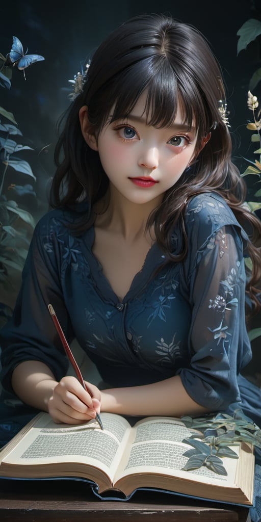 cute korean large-eyed girl, bangs, 
An open book sitting on top of a table, intricate alien botanicals, an indigo forest in korea, 
masterpiece, croquis, fairytale oil painting, beauty legs, dark atmosphere rough texture, highly details, best Quality, Tyndall effect, good composition, volume lighting, Film light, dynamic lighting, cinematic lighting, 
,               ,