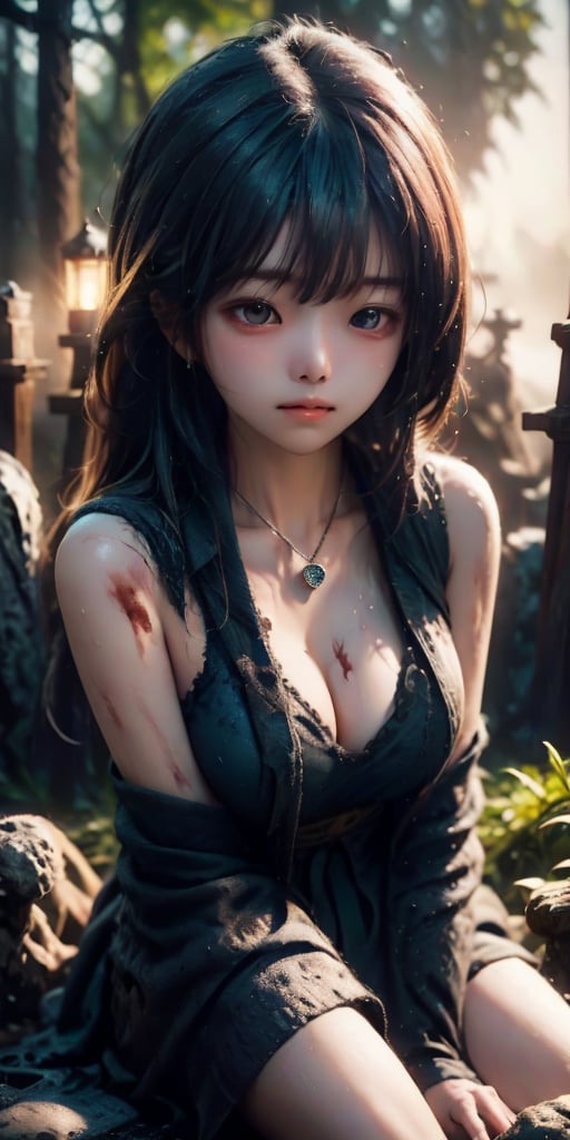 cute korean large-eyed girl, sitting, 
In the center of the image stands a saddened girl, her expression filled with sorrow and loss. She has long, flowing black hair with bangs that partially cover her eyes. Her eyes are a deep, expressive blue, reflecting her sadness. She is wearing a tattered, white dress stained with dirt and blood, symbolizing the chaos and suffering of the battle. Around her neck, she has a delicate silver pendant. She is surrounded by numerous crosses marking the graves of fallen warriors. The sky is overcast, with dark clouds adding to the somber mood. The ground is littered with remnants of the battle, such as broken weapons and armor, 
masterpiece, best Quality, Tyndall effect, good composition, highly details, warm soft light, three-dimensional lighting, volume lighting, Film lighting, cinematic lighting, 
,      ,