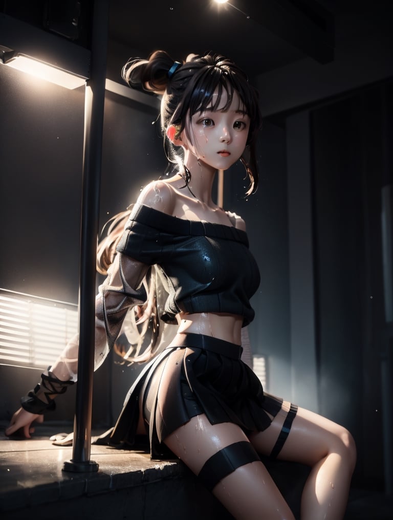 a cute korean girl large-eyed girl, bangs, long wavy hair, off shoulder, sitting, 
sweat, wet body, perfect and detailed eyes, detailed_face, ponytail, black ponytail, sweating, wet, (miniskirt:1.3), short miniskirt, leg raise up, leg spreads, high heels,, 
octane rendering, ray tracing, 3d rendering, masterpiece, best Quality, Tyndall effect, good composition, highly details, warm soft light, three-dimensional lighting, volume lighting, Film light