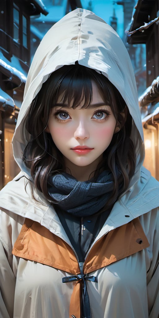 cute korean large-eyed girl, bangs, 
top vew of a mage man walking in a cobbeled street of a medieval village covered of snow during the night. He wearing a hooded coat, snow, blizzard, 
masterpiece, croquis, fairytale oil painting, dark atmosphere rough texture, dark details, beauty legs, black eyes, highly details, best Quality, cinematic quality, Tyndall effect, good composition, volume lighting, Film light, dynamic lighting, cinematic lighting, 
,               ,