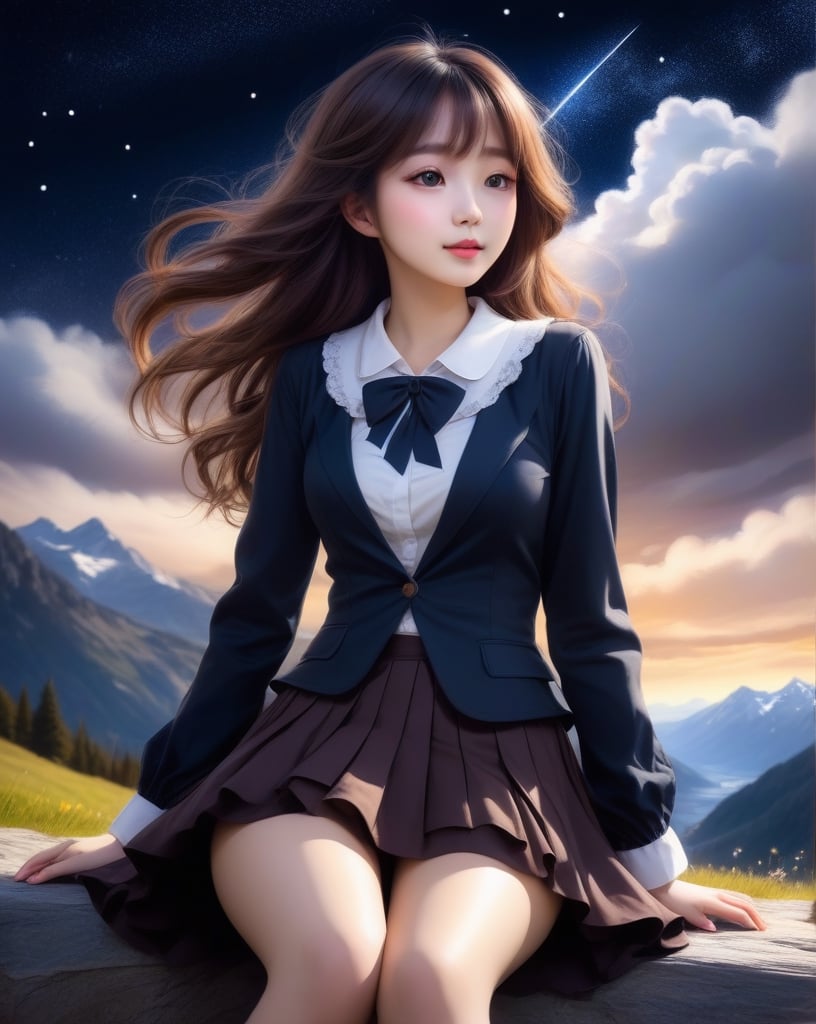 a cute korean large-eyed girl, slender and small face, slight smile, bangs, long wavy hair, topless, sitting, nsfw, very bare shoulder, 
fairytale Realistic digital art, manga style, dark atmosphere texture, moist ink and wash painting, rococo, real photo, bottom view, 
Sky, Switzerland, Alps, Stars, Outdoor, short Skirt, Starry Sky, Burden, Landscape, Uniform, Blazer, Chestnut, Shirt, Lawn, Standing, White Shirt, Socks, Night Sky, Black Skirt, Bow, Back of Arm, Move Post, Brown Hair, Knee Height, Cloud, Collar Shirt, Ribbon, Shooting Star, Full Body, Long Wave Hair_morning, nsfw, arms crossed, fluttering skirt, 
octane rendering, ray tracing, oc renderer, 
surrealistic and fantastic dreamy landscapes, provocative pose, dynamic pose, beautiful legs, sfumato, surrealism, cinematic, masterpiece, combines fantasy and reality, fairytale elements, smooth, Strong and contrasting colors, vivid colors, rich colors, combination of various colors and shades, highly details, best Quality, Tyndall effect, good composition, free composition, spatial effects, lively and deep art, warm soft light, three-dimensional lighting, volume lighting, back lighting hair, Film light, dynamic lighting