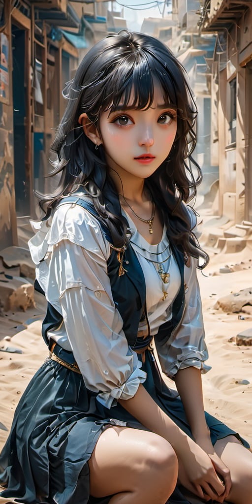 cute korean large-eyed girl, bangs, 
sitting, beautiful anime adventurer girl wearing gold jewelry in the streets of a city in the Western Sahara, fluid motion, stunning shading, 
masterpiece, croquis, fairytale oil painting, dark atmosphere rough texture, dark details, beauty legs, black eyes, highly details, best Quality, cinematic quality, Tyndall effect, good composition, volume lighting, Film light, dynamic lighting, cinematic lighting, 
,               ,