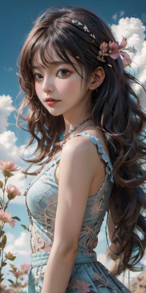 cute korean large-eyed girl, bangs, 
flower, zentangle, art nouveau, full body, ((jumping pose)), (horizon:1.3), sky, cloud, rich round moon, 
masterpiece, highly details, best Quality, Tyndall effect, good composition, volume lighting, Film light, dynamic lighting, cinematic lighting, 
,               ,