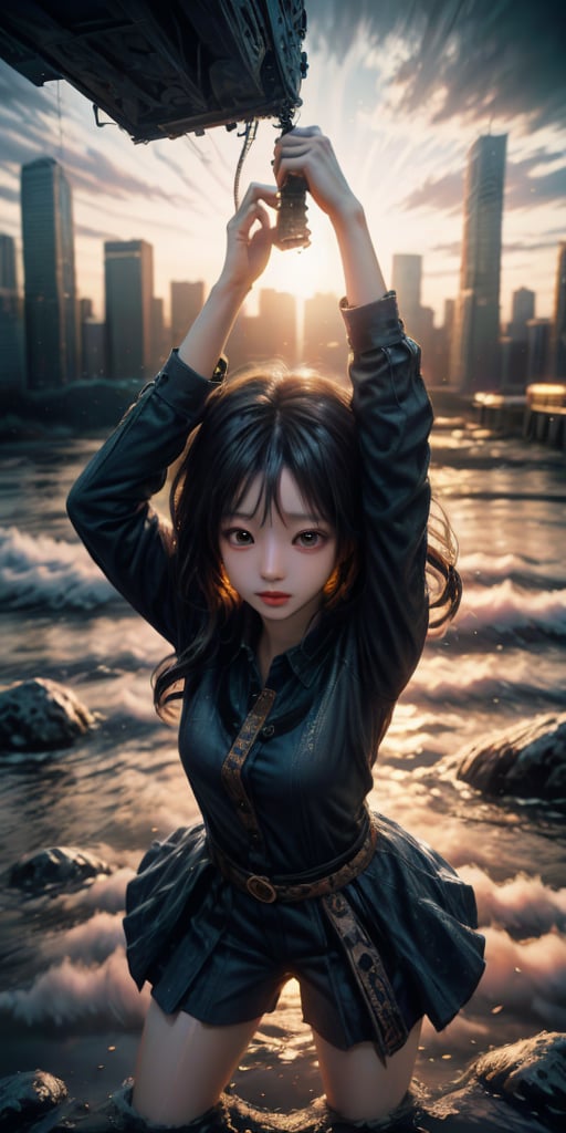 cute korean large-eyed girl, 
falling, midair, multi-colored hair, long straight hair, floating_hair, multi-colour eyes, tear, casual dress, outstretched_arms, reaching, cowboy shot, city, focus on face, Mauve cityscape, Overdetailed art, beautiful, hardcore, from_above,   
masterpiece, best Quality, Tyndall effect, good composition, highly details, warm soft light, three-dimensional lighting, volume lighting, Film lighting, cinematic lighting, 
,      ,