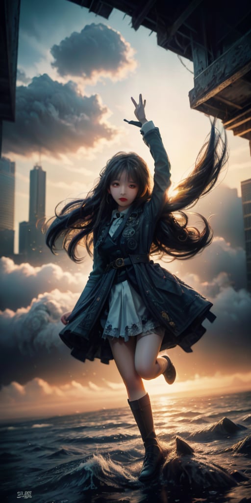 cute korean large-eyed girl, 
falling, midair, multi-colored hair, long straight hair, floating_hair, multi-colour eyes, tear, casual dress, outstretched_arms, reaching, cowboy shot, city, focus on face, Mauve cityscape, Overdetailed art, beautiful, hardcore, from_above,   
masterpiece, best Quality, Tyndall effect, good composition, highly details, warm soft light, three-dimensional lighting, volume lighting, Film lighting, cinematic lighting, 
,      ,