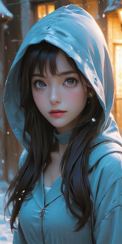 cute korean large-eyed girl, bangs, 
top vew of a mage man walking in a cobbeled street of a medieval village covered of snow during the night. He wearing a hooded coat, 
masterpiece, croquis, fairytale oil painting, dark atmosphere rough texture, dark details, beauty legs, black eyes, highly details, best Quality, cinematic quality, Tyndall effect, good composition, volume lighting, Film light, dynamic lighting, cinematic lighting, 
,               ,