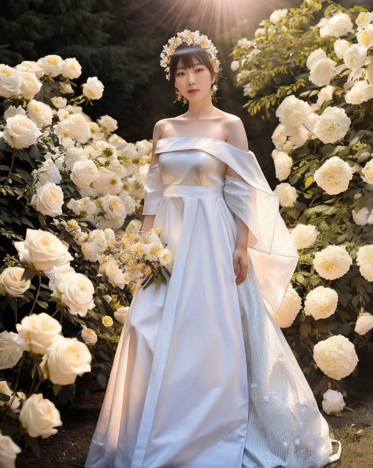 Generate picture, half-length portrait photography, Japanese female, 22 years old, slightly fat, wearing white off-shoulder gauze, Long straight hair, black hair, with dried flower ornaments on her head, holding a bouquet of white rose flowers in her hand, looking back from the right side to the camera, the background is smaller Dark, brown textured background cloth, backlight outline of hair, right side light shot, low key lighting.