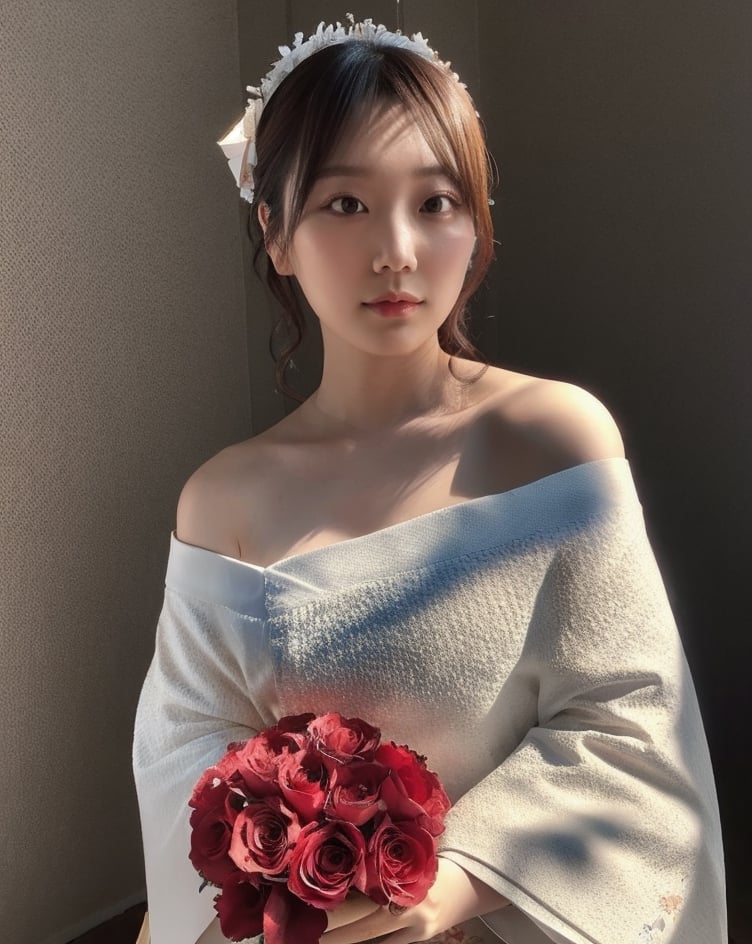 Generate picture, half-length portrait photography, Japanese female, 25 years old, slightly fat, wearing white off-shoulder gauze, with dried flower ornaments on her head, holding a bouquet of rose flowers in her hand, looking back from the right side to the camera, the background is smaller Dark, brown textured background cloth, backlight outline of hair, right side light shot, low key lighting.