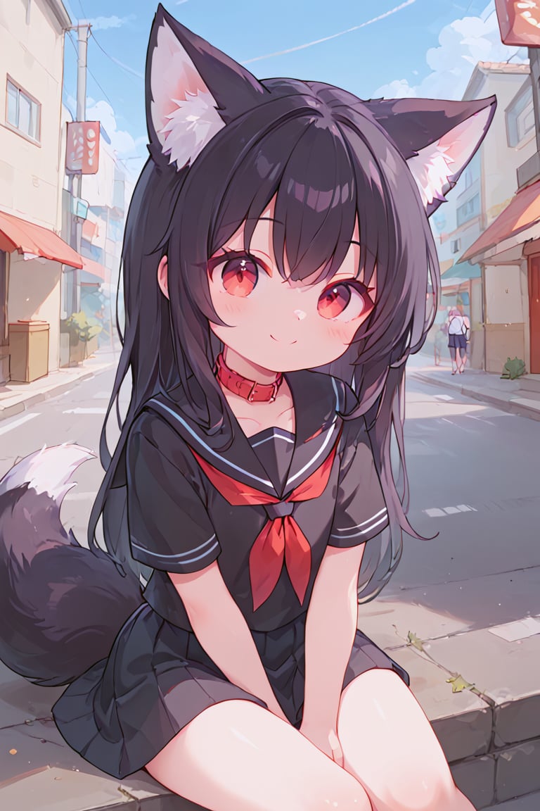 happy, closed mouth, black fox ears, black fox tail, score_9, score_8_up, score_7_up, 1girl, 8k, outside, 1girl, Loli, small girl, red eyes, black hair, long hair, cute, Pretty face, ((red neckerchief), black school uniform, ((black sailor collar)),short sleeves, ((black shirt)), flat chested, street, sitting,