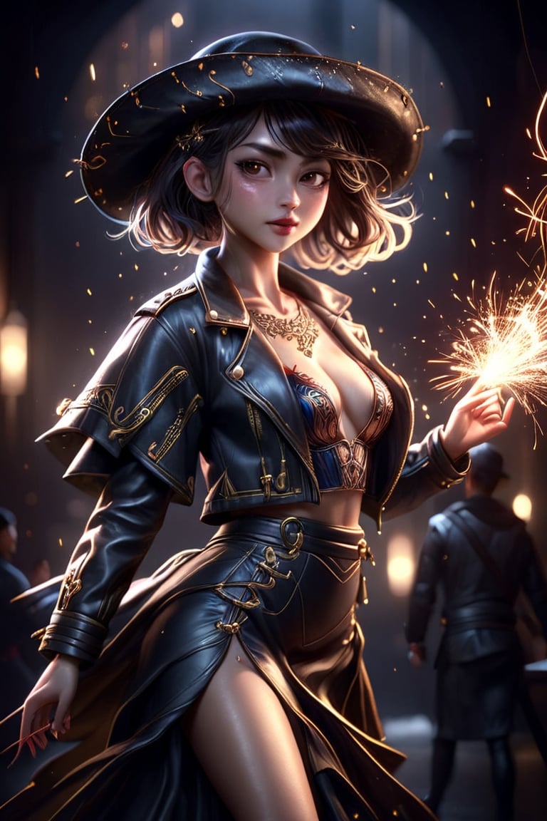 Alluring and hot female, Japanses girl,flirting, hat, leather jacket, sweet long skirt, sharp focus, studio photo, intricate details, highly detailed, sparks, octane render, 64k, photorealistic concept art, soft natural light, chiaroscuro, masterpiece,Cinematic lighting,art_booster,Bright lighting that clearly shows the face