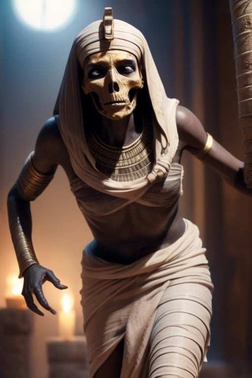 An ancient Egyptian mummy running out of a temple from a scary historic entity, the mummy's Bandage is lose. Necropunk style. Hyper realistic.HD.,style,concept,Give milk