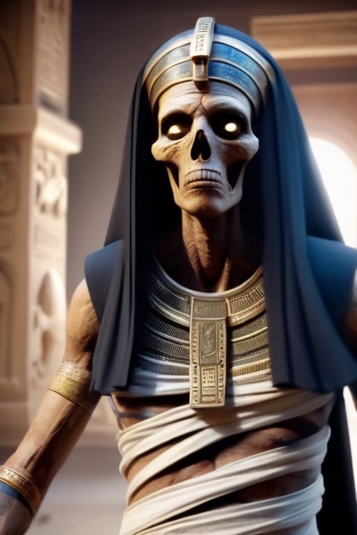 An ancient Egyptian mummy running out of a temple from a scary historic entity, the mummy's Bandage is lose. Necropunk style. Hyper realistic.HD.,style