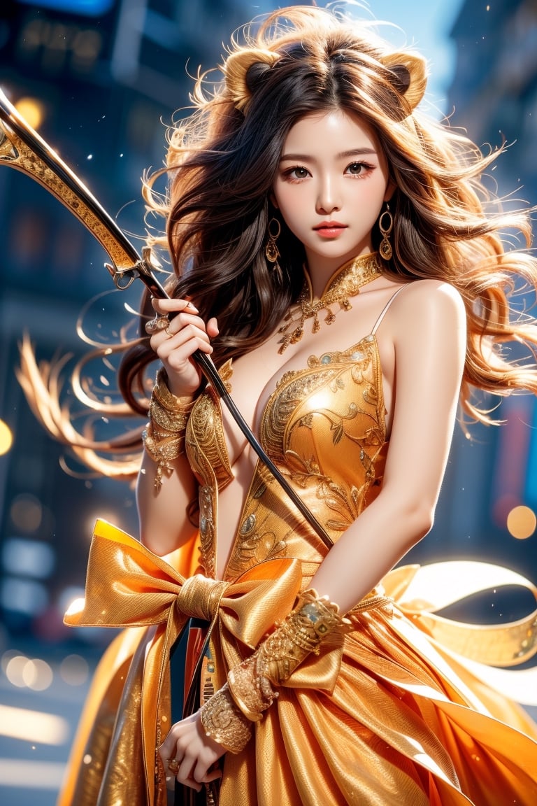 cute pose,beautiful korean girl, holding a battle bow, aim at bow,ready to shoot,curly hair,lion girl,golden lion hair